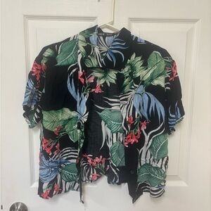SHEIN Black Tropical Button-Up Shirt with Blue and Green Print